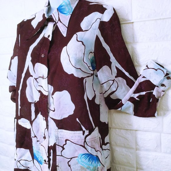 Vintage 70s Loubella Semi-Sheer Shirt Shacket -M Pockets Vents Tropical Floral - Picture 3 of 10